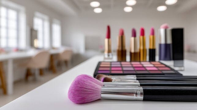 Cosmetic products including lipsticks and eyeshadow palettes arranged neatly on a white table. Beauty and makeup concept.