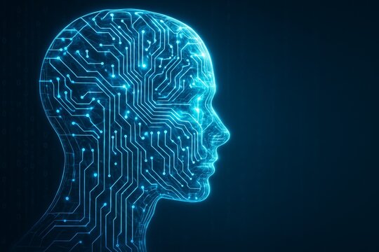 Futuristic human head made of glowing circuit lines concept on dark background in blue tones showing artificial intelligence and digital technology idea. Ai generative - Powered by Adobe