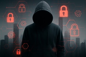 Faceless hacker in dark hoodie surrounded by digital padlocks and gear icons representing cybersecurity threat concept on futuristic backdrop. Ai generative