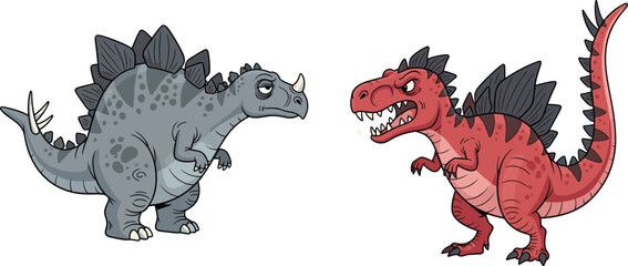 Cartoon dinosaurs facing each other, angry red predator and sad gray stegosaurus style creature, prehistoric fantasy animal character illustration © Asha Creatives