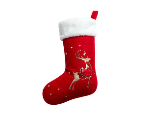 Festive red stocking with embroidered reindeer, fluffy cuff