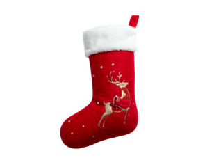 Festive red stocking with embroidered reindeer, fluffy cuff