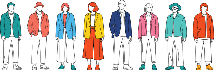 Colorful illustration of diverse people wearing modern casual clothing and jackets, fashionable men and women standing, trendy street style characters
