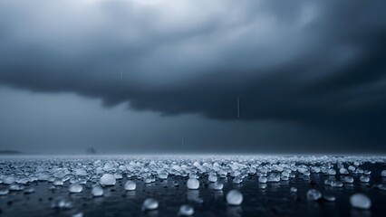 A dramatic stormy sky with dark clouds looming over a serene water surface filled with floating ice fragments.