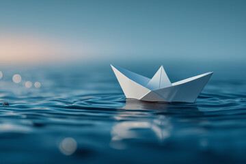 Obraz premium paper boat in the middle of ocean, concept of lone journey of success