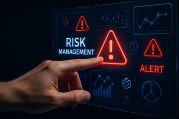 Human hand interacting with digital interface showing risk management alerts and warning signs in a futuristic technology concept display panel. Ai generative