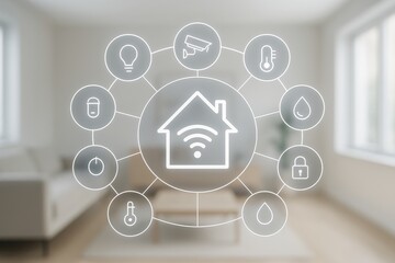 Smart home technology interface concept with glowing home automation icons connected in a network on blurred modern living room background wall.. Ai generative