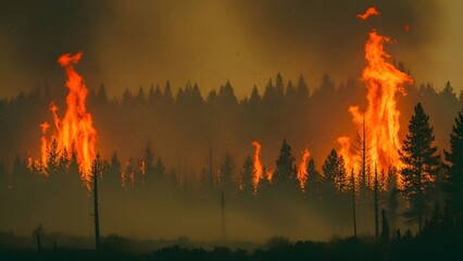 Forest Fire Engulfing Trees with Flames Rising High into the Smoky Atmosphere