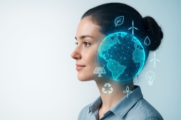 Woman with eco technology hologram of Earth and sustainability icons representing future environmental innovation concept on light background. Ai generative. Ai generative