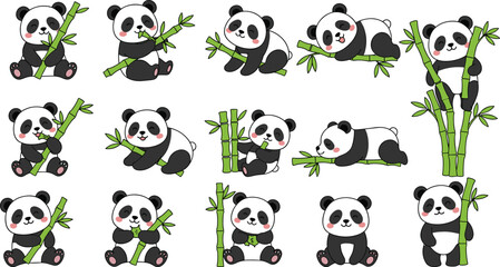 Cute cartoon panda bears with bamboo, adorable kawaii panda characters collection, playful wildlife animal illustration set for kids design © Asha Creatives