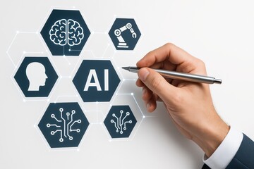 Hand interacting with artificial intelligence icons representing brain, robotics, and circuits on hexagonal interface concept on white background. Ai generative
