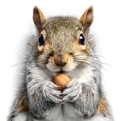 Fototapeta premium Close up portrait of a gray squirrel holding a nut