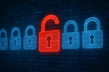 Glowing red unlocked padlock among blue locked padlocks on binary code background symbolizing cybersecurity breach and data protection failure concept. Ai generative