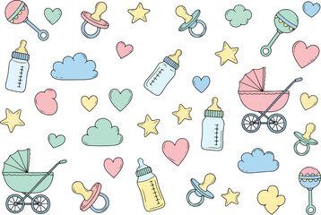 Seamless pattern featuring baby items bottles pacifiers rattles strollers hearts stars and clouds