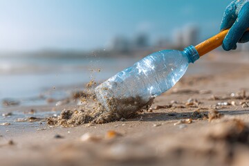 Trash Picker Removing Plastic from Beach Sand