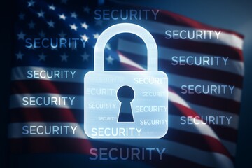 Cybersecurity lock with glowing padlock and repeated "SECURITY" text overlay on American flag background symbolizing data protection concept. Ai generative