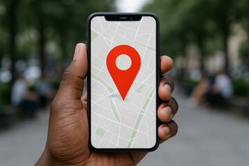 Hand holding smartphone with GPS location pin on digital map screen outdoors, showing navigation and mobile geolocation technology concept. Ai generative