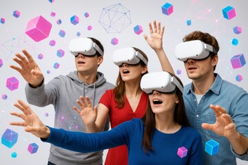 Group of young people experiencing immersive virtual reality environment with VR headsets and digital cubes floating in cyberspace concept scene. Ai generative