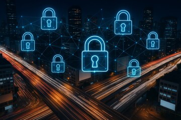 Glowing digital padlocks symbolizing cybersecurity and data protection above a cityscape with illuminated highways at night, technology concept artwork. Ai generative