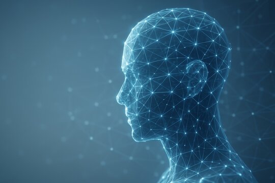 Futuristic digital human head composed of glowing blue network lines and nodes, symbolizing artificial intelligence and technology concept on dark background. Ai generative - Powered by Adobe