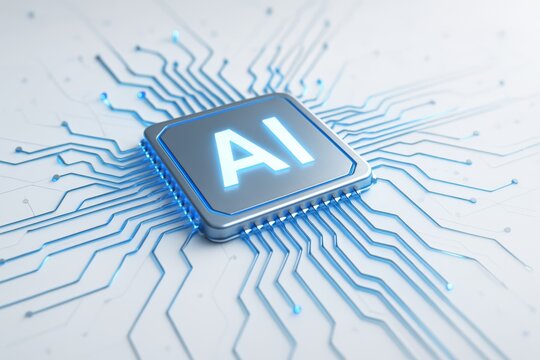 Futuristic AI microchip with glowing circuits symbolizing artificial intelligence technology and digital data processing concept on light background. Ai generative - Powered by Adobe