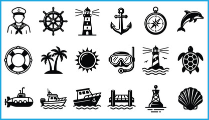 Set of 20 black line icons for nautical, marine, and beach themes, ideal for vector illustration content © Roisul
