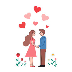 Fototapeta premium Couple holding hands, surrounded by hearts and flowers, celebrating love and romance
