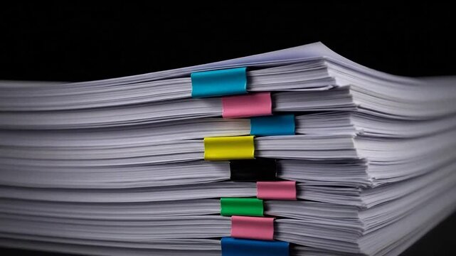 Stack of white papers held together with colorful binder clips on a black surface.