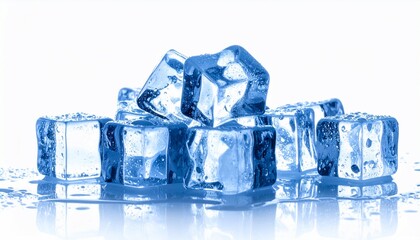 Obraz premium Close up of Clear Blue Ice Cubes Melting with Water Droplets and Reflections