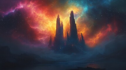 Mysterious castle in a colorful nebula