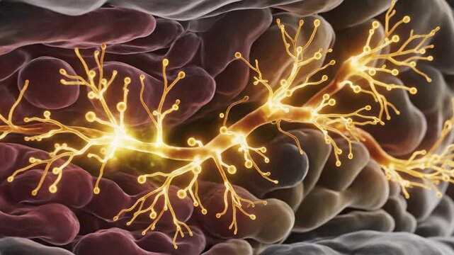 Microscopic view of olfactory tubercle interneurons with zooming camera, visualizing neural pathways