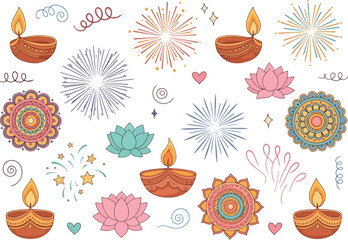 Seamless pattern of Diwali elements diyas fireworks lotus flowers and mandalas