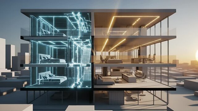 Modern building visualization showcases architectural structure and interior design
