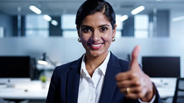 Confident Indian businesswoman giving a thumbs up in a modern office, showing approval and success