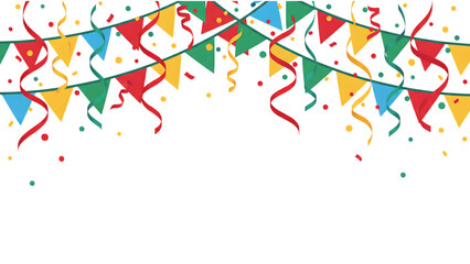 Colorful vector illustration of a birthday celebration featuring a rainbow pattern of paper streamers and star confetti for a fun holiday card design or carnival banner