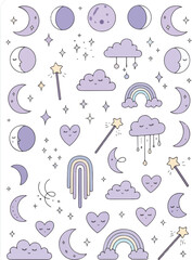 Seamless pattern of purple celestial and whimsical elements on white