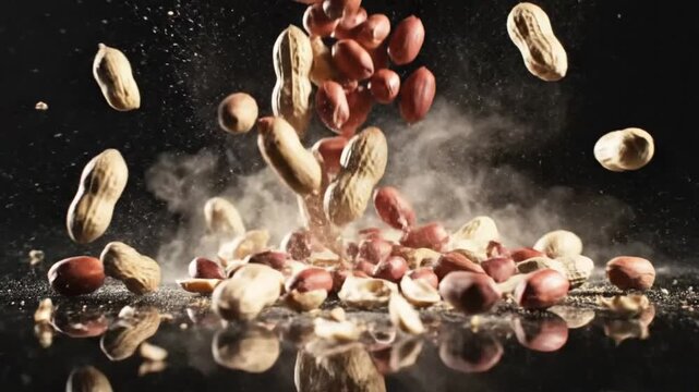 Slow motion shot of various peanuts falling on a reflective black surface scattering and creating a dramatic effect