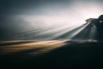 Soft sunlight breaking through thick fog on an open field, evoking calmness, tranquility, and mindfulness with negative space