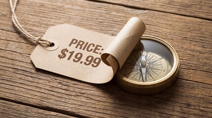 Close-up of a price tag and compass on a rustic wooden surface with a shallow depth of field, conveying a sense of navigation and pricing, with warm earthy tones.