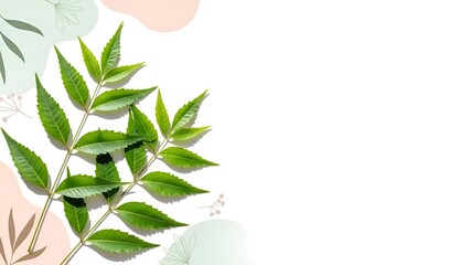 Fresh Green Leaves with Decorative Pastel Shapes and Subtle Plant Drawings