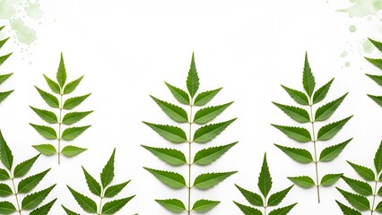 Fresh Green Neem Leaves Arranged Artfully on White Background with Splatters