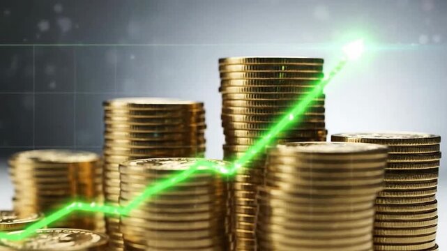 Stacks of coins rising with a green upward trending line indicating growth.
