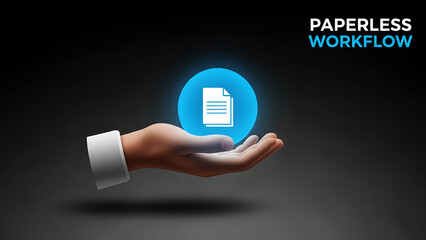 A hand holding a glowing blue document icon representing a paperless workflow