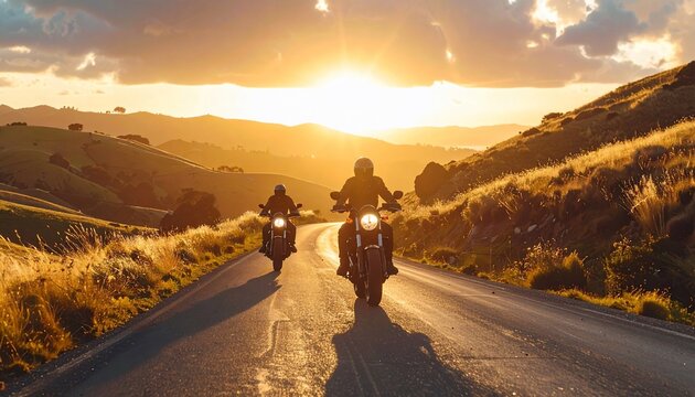 Motorcyclists Ride Through Hilly Landscape at Sunset on a Winding Road