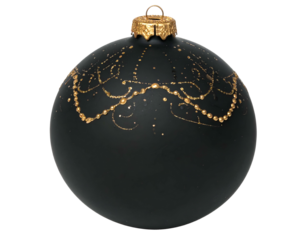 Matte black sphere ornament with delicate gold swirl accents