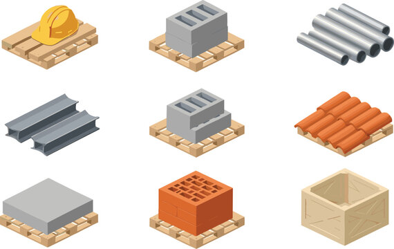 Isometric construction materials set featuring yellow hard hat concrete blocks steel pipes roof tiles and bricks on wooden pallets isolated on white.