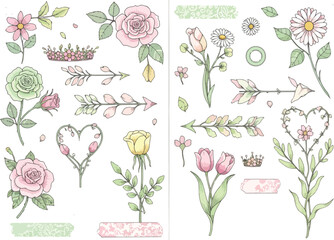 Watercolor floral clip art elements including roses tulips daisies arrows and crowns