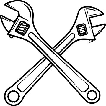 Crossed Wrenches Vector Icon &ndash; Mechanical Tools Black and White Line Art Illustration