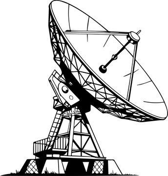 Radio Telescope Satellite Dish Vector Illustration &ndash; Astronomy Observatory Black and White Line Art