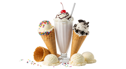 Assortment of Ice Cream Cones and Milkshake Keywords: ice cream, cones, milkshake, dessert isolated on a transparent background